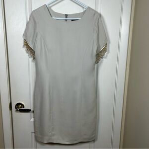 J Mclaughlin midi Bejeweled sleeves Cream Colored Dress Size 10  made in USA